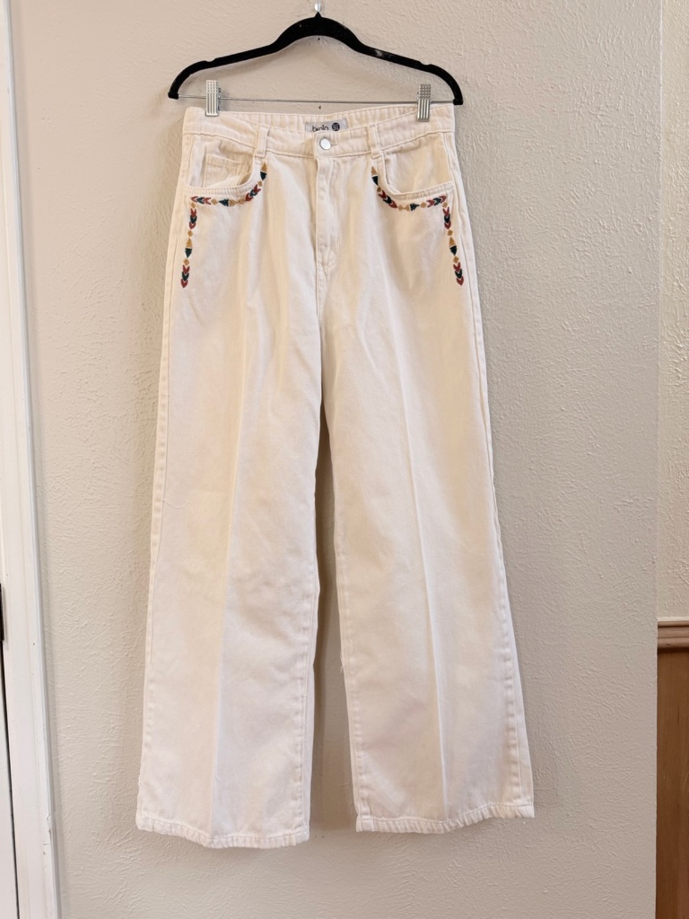 Benin cream wide leg jeans with embroidery